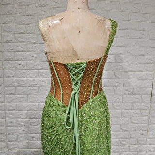Green One Shoulder Long Evening Dress Formal Gown with Leg Slit - Rosymae