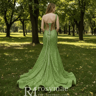 Green One Shoulder Long Evening Dress Formal Gown with Leg Slit - Rosymae