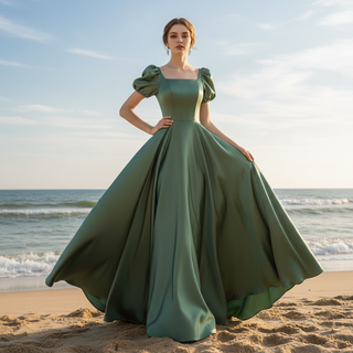 Green Junior & Senior Prom Gowns with Short Sleeves
