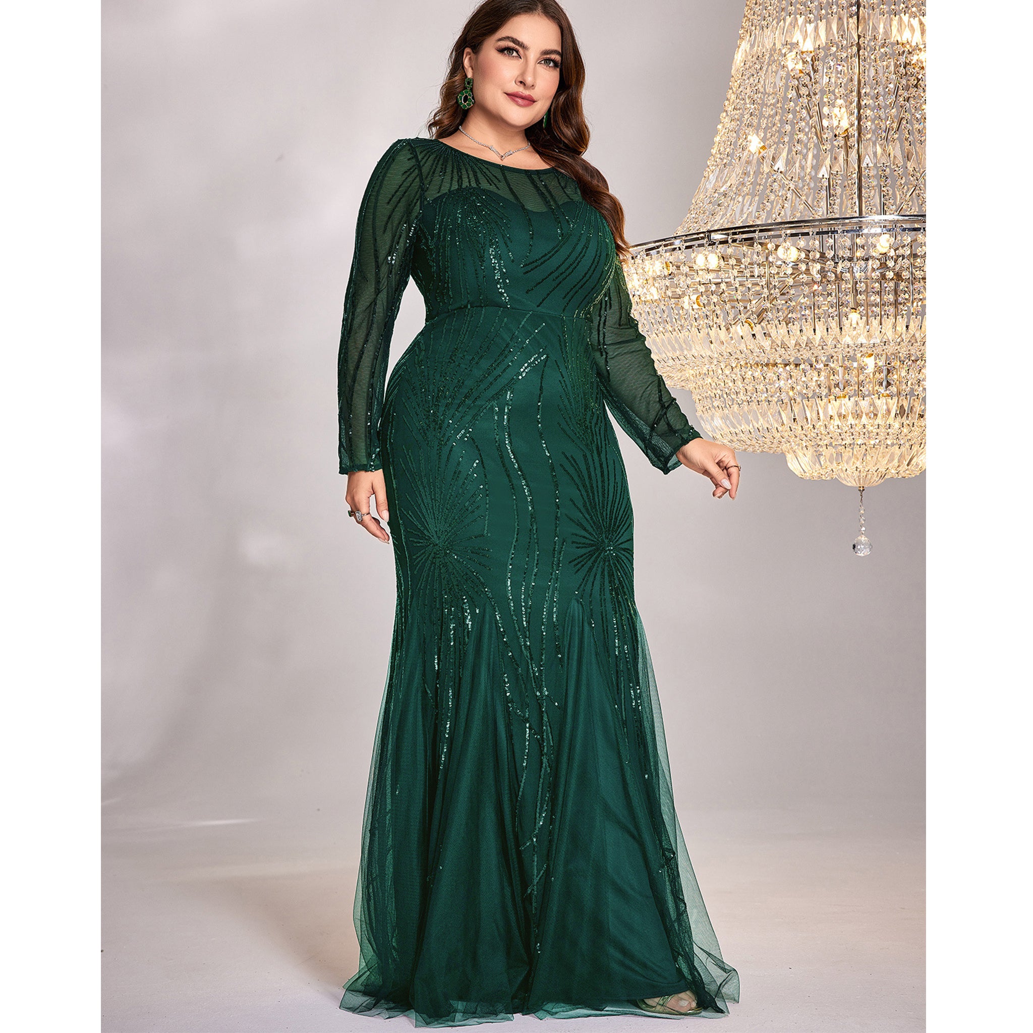 Black Sequins Long Sleeves Formal Evening Dress Plus Prom Dress Hunter Green / 18W Black Sequins Long Sleeves Formal Evening Dress Plus Prom Dress Hunter Green / 18W