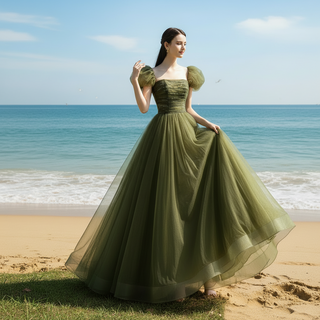 Olive Tulle A-line Formal Dress Party Gown with Short Sleeve