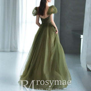 Olive Tulle A-line Formal Dress Party Gown with Short Sleeve