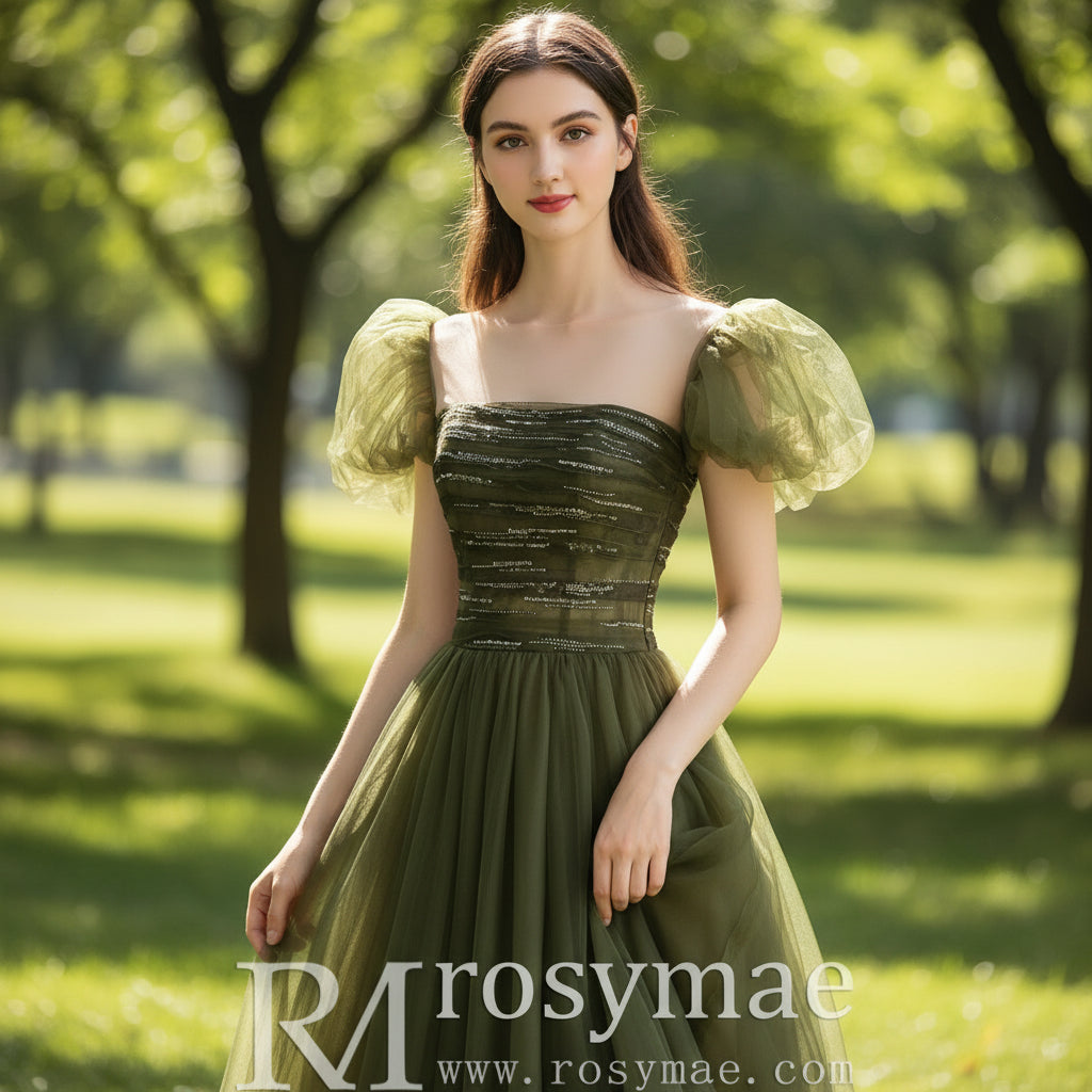 Olive Tulle A-line Formal Dress Party Gown with Short Sleeve Custom Color / 18 Olive Tulle A-line Formal Dress Party Gown with Short Sleeve Custom Color / 18