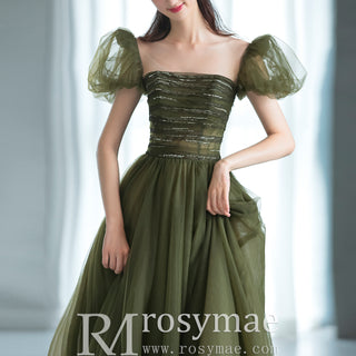 Olive Tulle A-line Formal Dress Party Gown with Short Sleeve