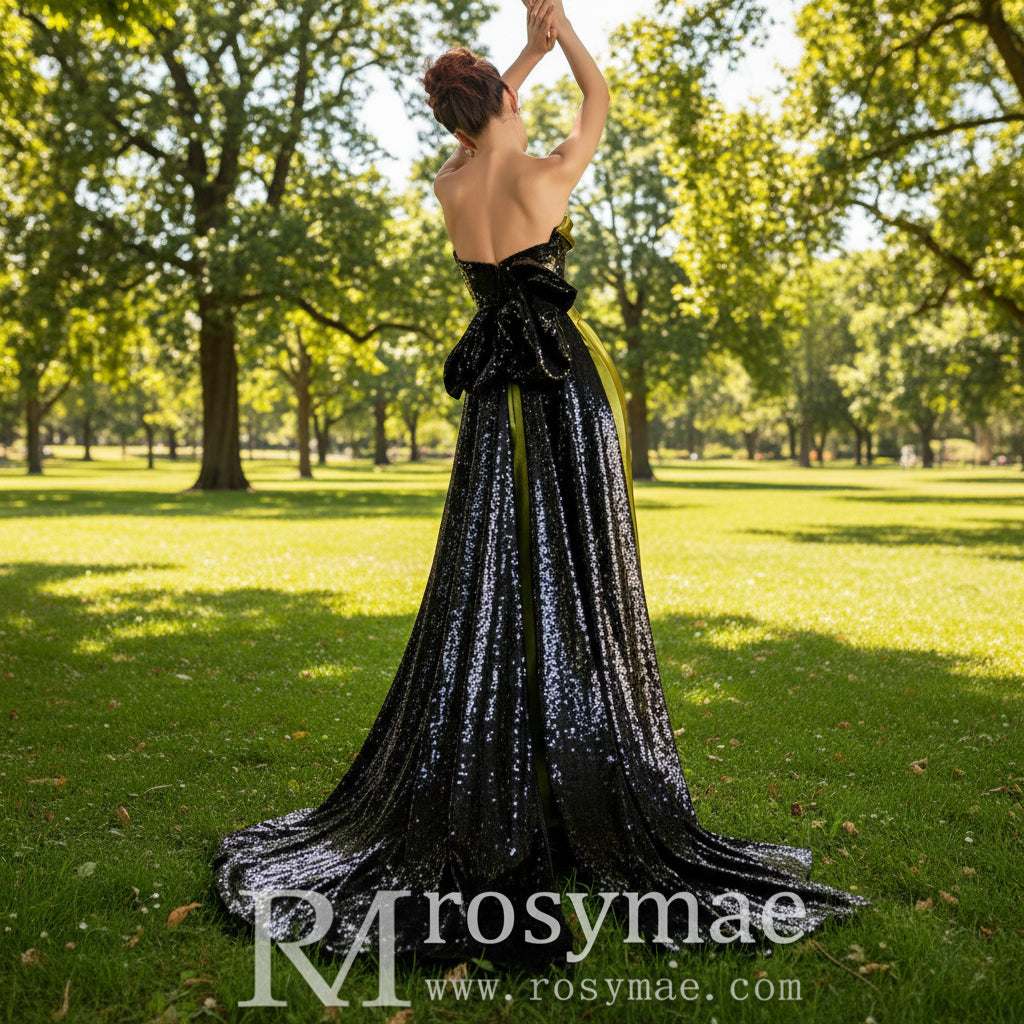 Green and Black Evening Dress Party Gown with Black Bowknot Rosymae Green and Black Evening Dress Party Gown with Black Bowknot Rosymae