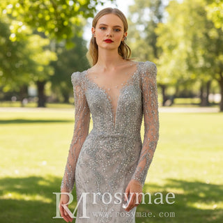 Grey Long Sleeve Sparkle Evening Dresses Party Gowns - Rosymae