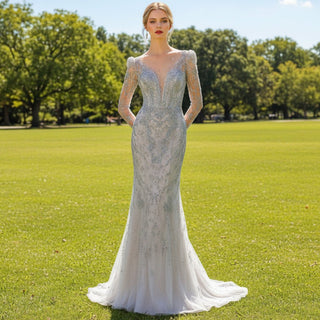 Grey Long Sleeve Sparkle Evening Dresses Party Gowns - Rosymae