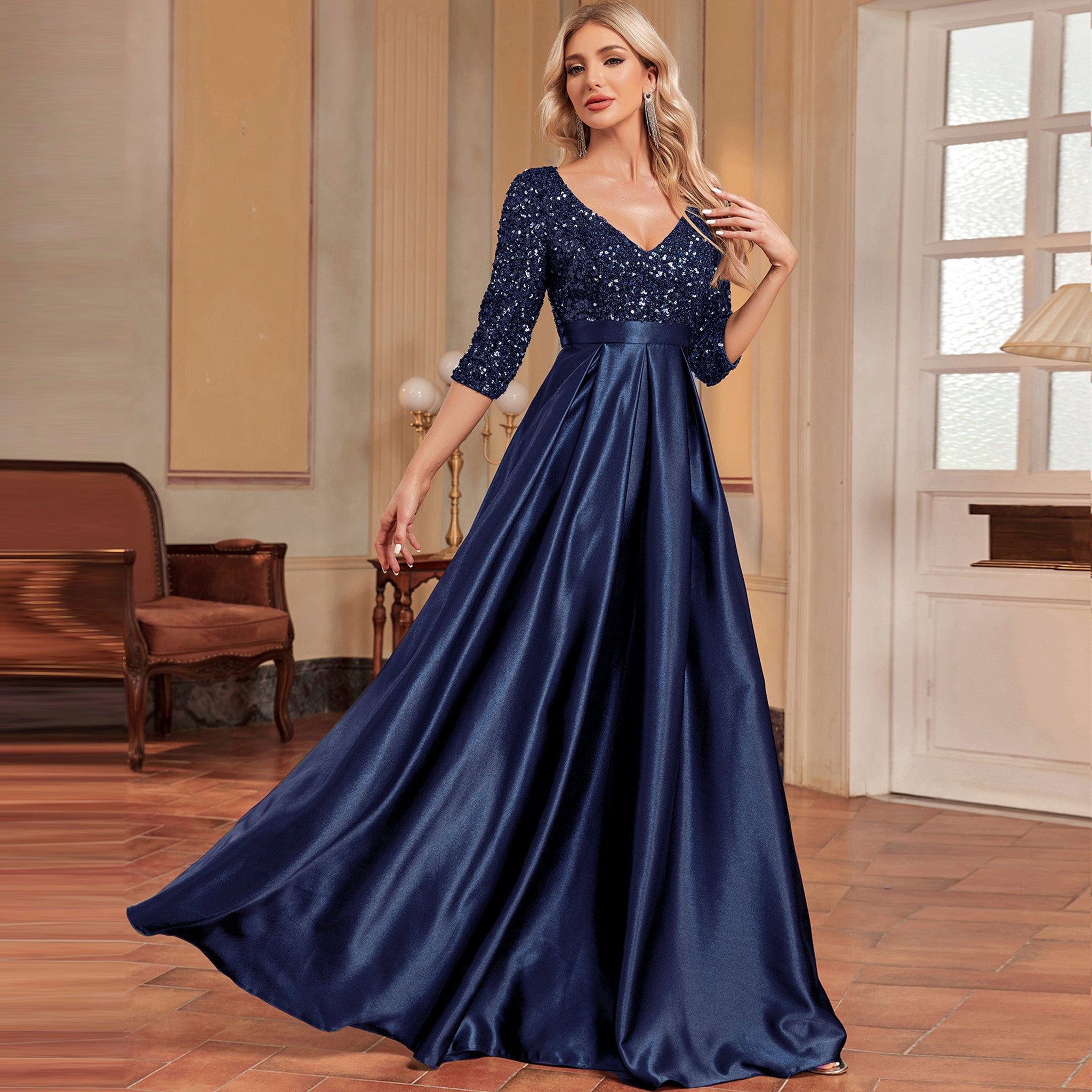 Women's Half Sleeve Sequin Formal Prom Dress Evening Gown with Pocket Dark Green / 1XL Women's Half Sleeve Sequin Formal Prom Dress Evening Gown with Pocket Dark Green / 1XL