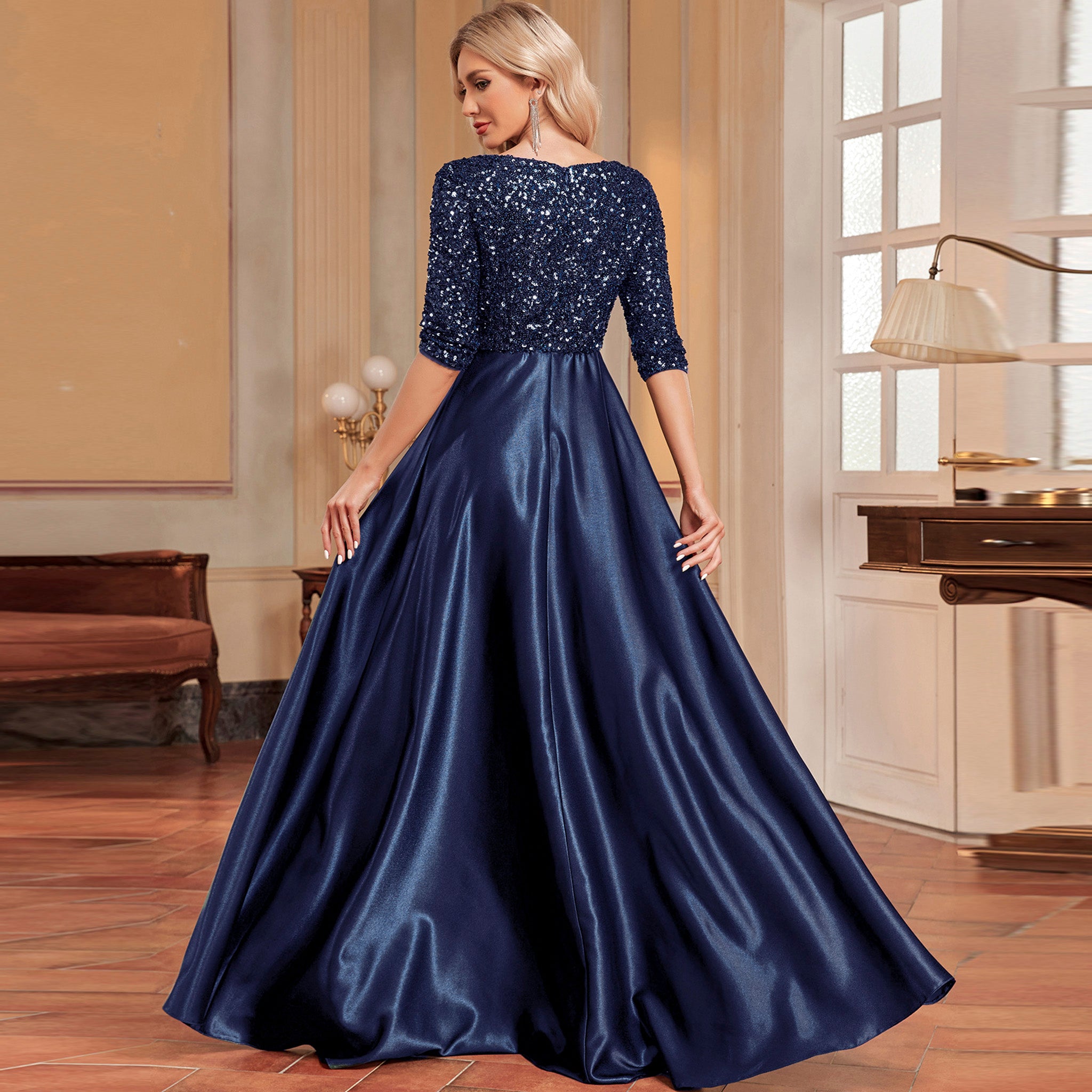 Women's Half Sleeve Sequin Formal Prom Dress Evening Gown with Pocket Dark Green / 1XL Women's Half Sleeve Sequin Formal Prom Dress Evening Gown with Pocket Dark Green / 1XL