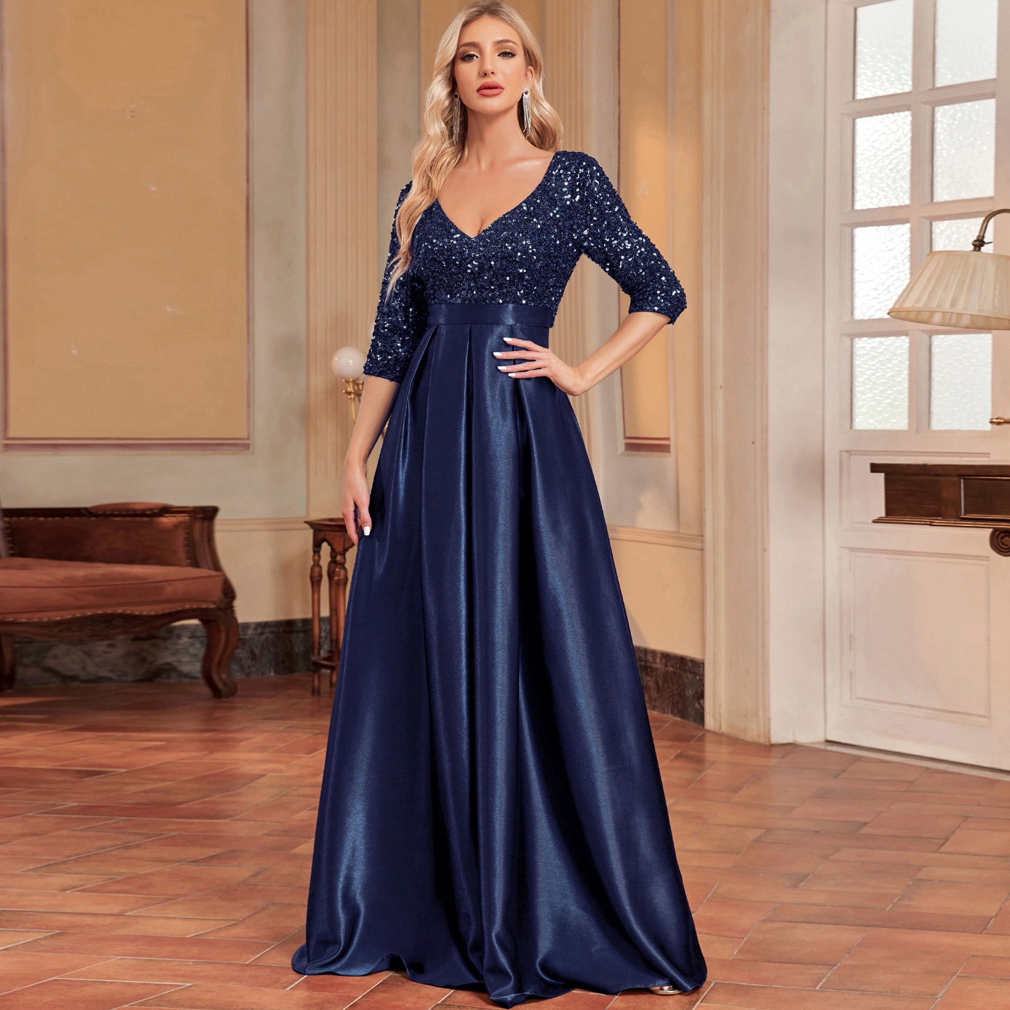 Women's Half Sleeve Sequin Formal Prom Dress Evening Gown with Pocket Navy Blue / 2XL Women's Half Sleeve Sequin Formal Prom Dress Evening Gown with Pocket Navy Blue / 2XL