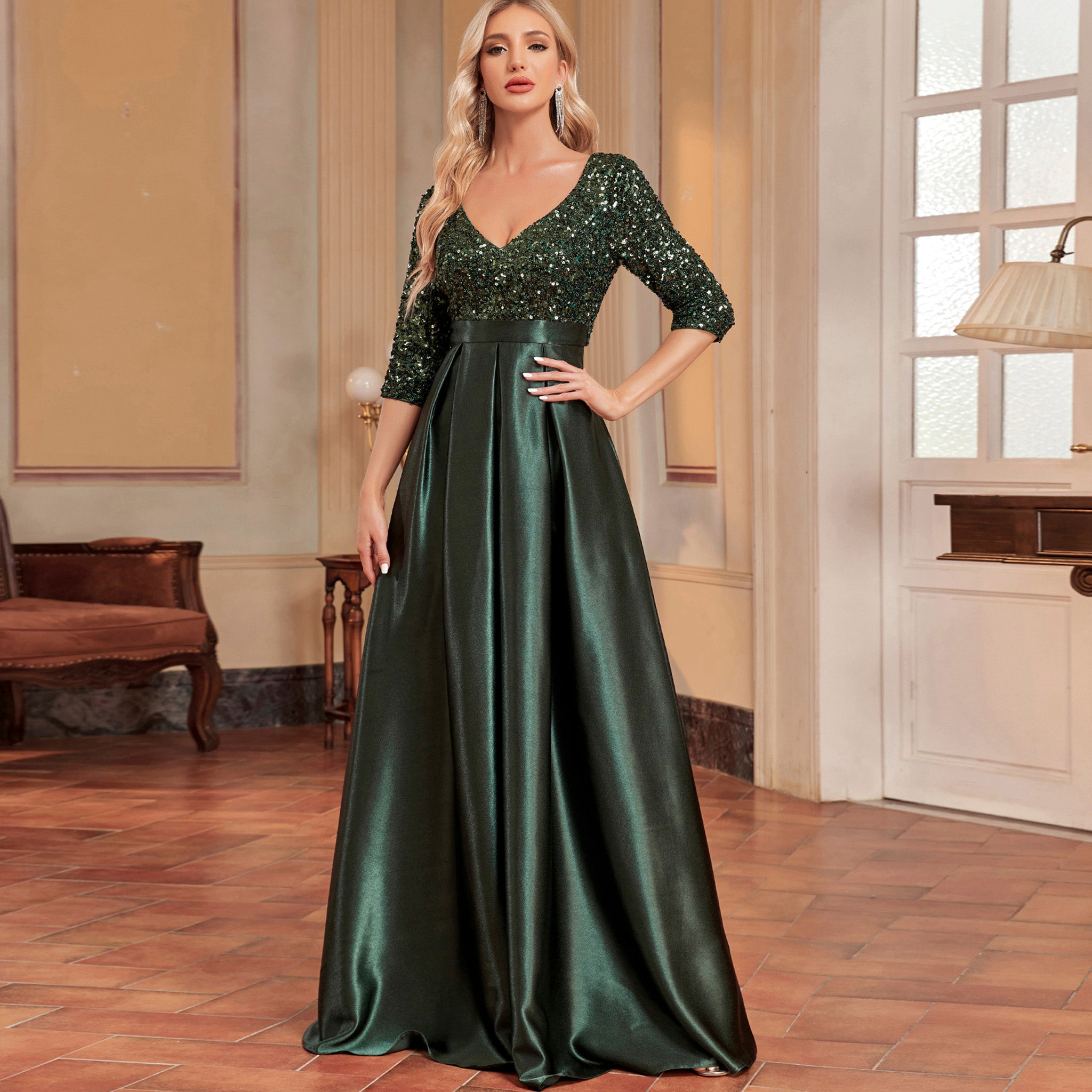 Women's Half Sleeve Sequin Formal Prom Dress Evening Gown with Pocket Dark Green / 1XL Women's Half Sleeve Sequin Formal Prom Dress Evening Gown with Pocket Dark Green / 1XL