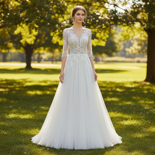 Three Quarter Sleeve A-line Tulle Wedding Dress with Vneck