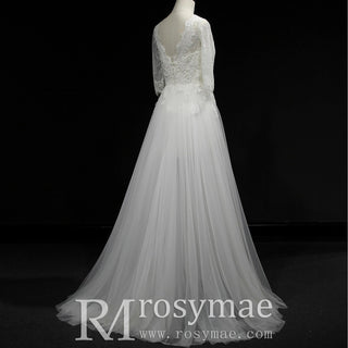 Three Quarter Sleeve A-line Tulle Wedding Dress with Vneck