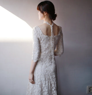 Half Sleeve Floral Lace Tea Length Wedding Dress with Square Neck - Rosymae