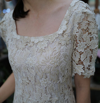 Half Sleeve Floral Lace Tea Length Wedding Dress with Square Neck - Rosymae
