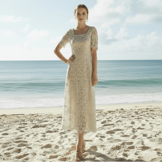 Half Sleeve Floral Lace Tea Length Wedding Dress with Square Neck - Rosymae