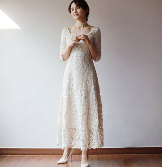 Half Sleeve Floral Lace Tea Length Wedding Dress with Square Neck - Rosymae