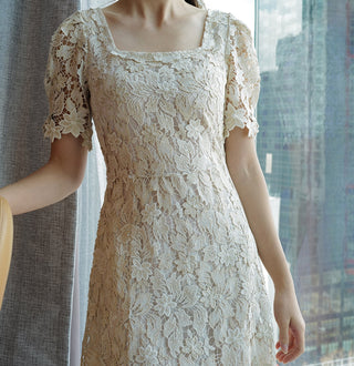 Half Sleeve Floral Lace Tea Length Wedding Dress with Square Neck - Rosymae