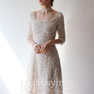 Half Sleeve Floral Lace Tea Length Wedding Dress with Square Neck - Rosymae