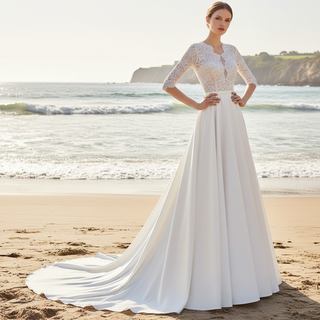 Half Sleeves Lace & Satin Wedding Dress with Sheer Bodice