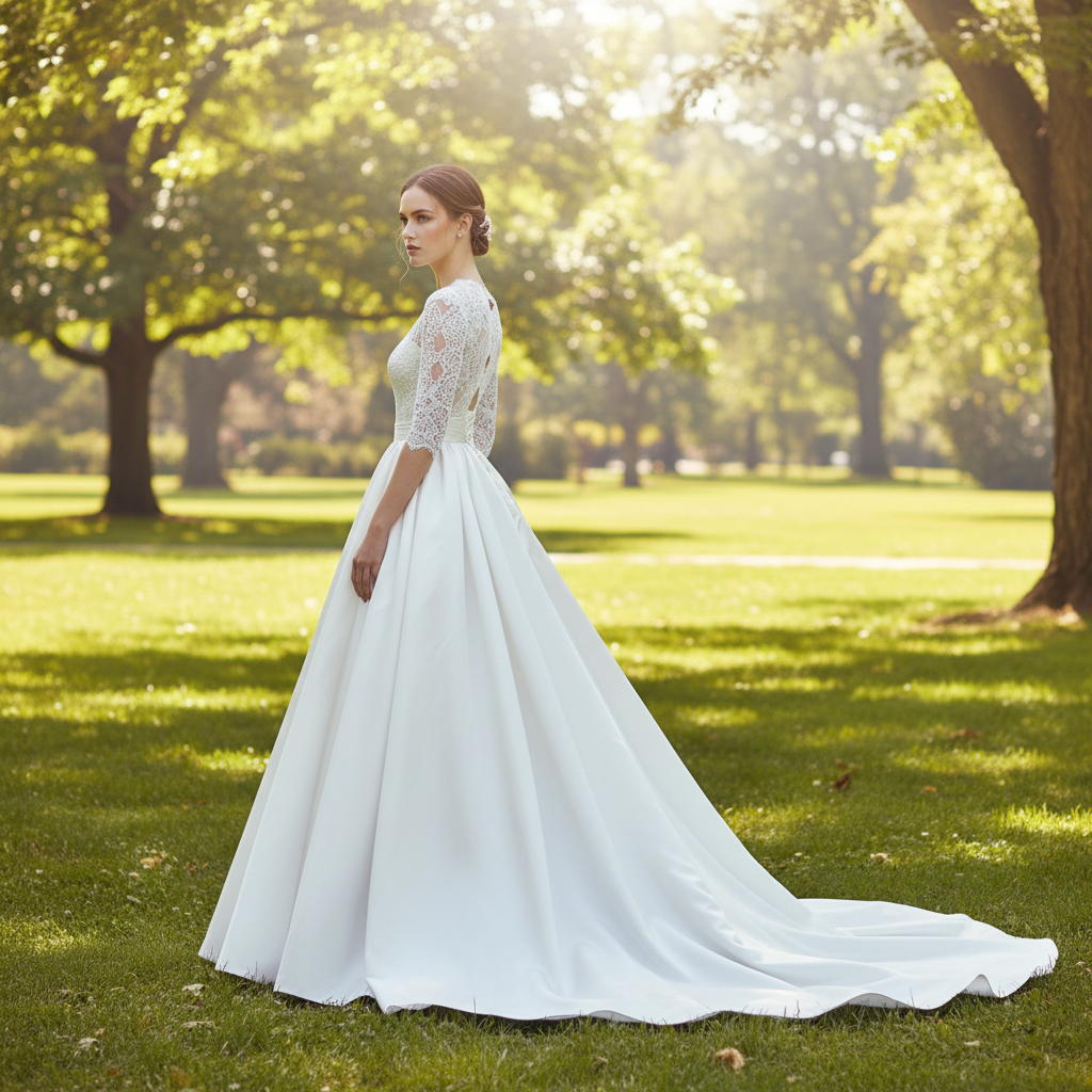 Half Sleeves Lace & Satin Wedding Dress with Sheer Bodice White / 30W Half Sleeves Lace & Satin Wedding Dress with Sheer Bodice White / 30W