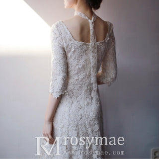 Half Sleeve Floral Lace Tea Length Wedding Dress with Square Neck.
