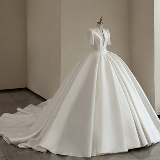 Satin Ball Gown Wedding Dress Deep Vneck Bridal Gown with Short Sleeve
