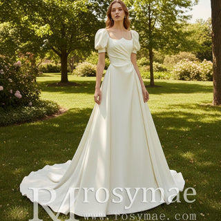 Half Sleeve Satin Wedding Dress with Square Neck - Rosymae