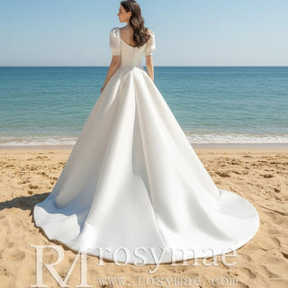 Half Sleeve Satin Wedding Dress with Square Neck - Rosymae