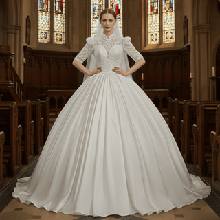 Half Sleeve Satin Wedding Dresses with Sheer High Neck & Keyhole - Rosymae