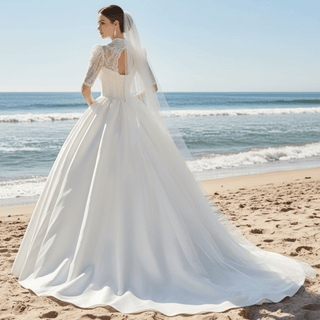 Half Sleeve Satin Wedding Dresses with Sheer High Neck & Keyhole - Rosymae