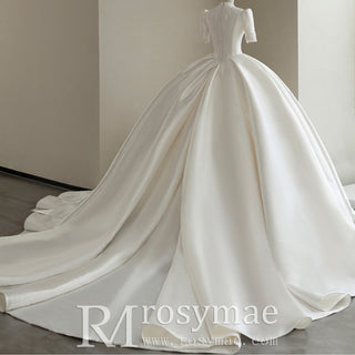 Satin Ball Gown Wedding Dress Deep Vneck Bridal Gown with Short Sleeve