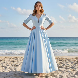 Tea Length Sky Blue Satin Wedding Dress with Half Sleeves