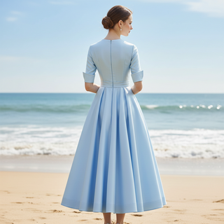 Tea Length Sky Blue Satin Wedding Dress with Half Sleeves