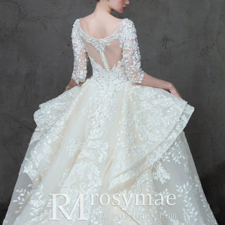Lace Half Sleeve Wedding Dress with Vneck & Ruffle Skirt