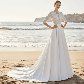 Half Sleeves Lace & Satin Wedding Dress with Sheer Bodice - Rosymae