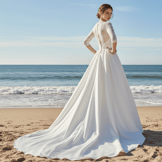 Half Sleeves Lace & Satin Wedding Dress with Sheer Bodice - Rosymae