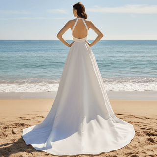 Halter High Neck Ruched Wedding Dresses with Leg Slit - Rosymae
