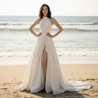 Halter High Neck Ruched Wedding Dresses with Leg Slit - Rosymae