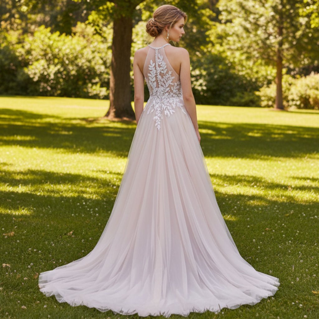 Halter Neck Boho A-Line Blush Pink Tulle Wedding Dress White / 18W