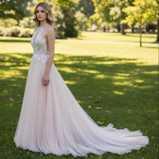 Halter Neck Boho A-Line Blush Pink Tulle Wedding Dress - Rosymae