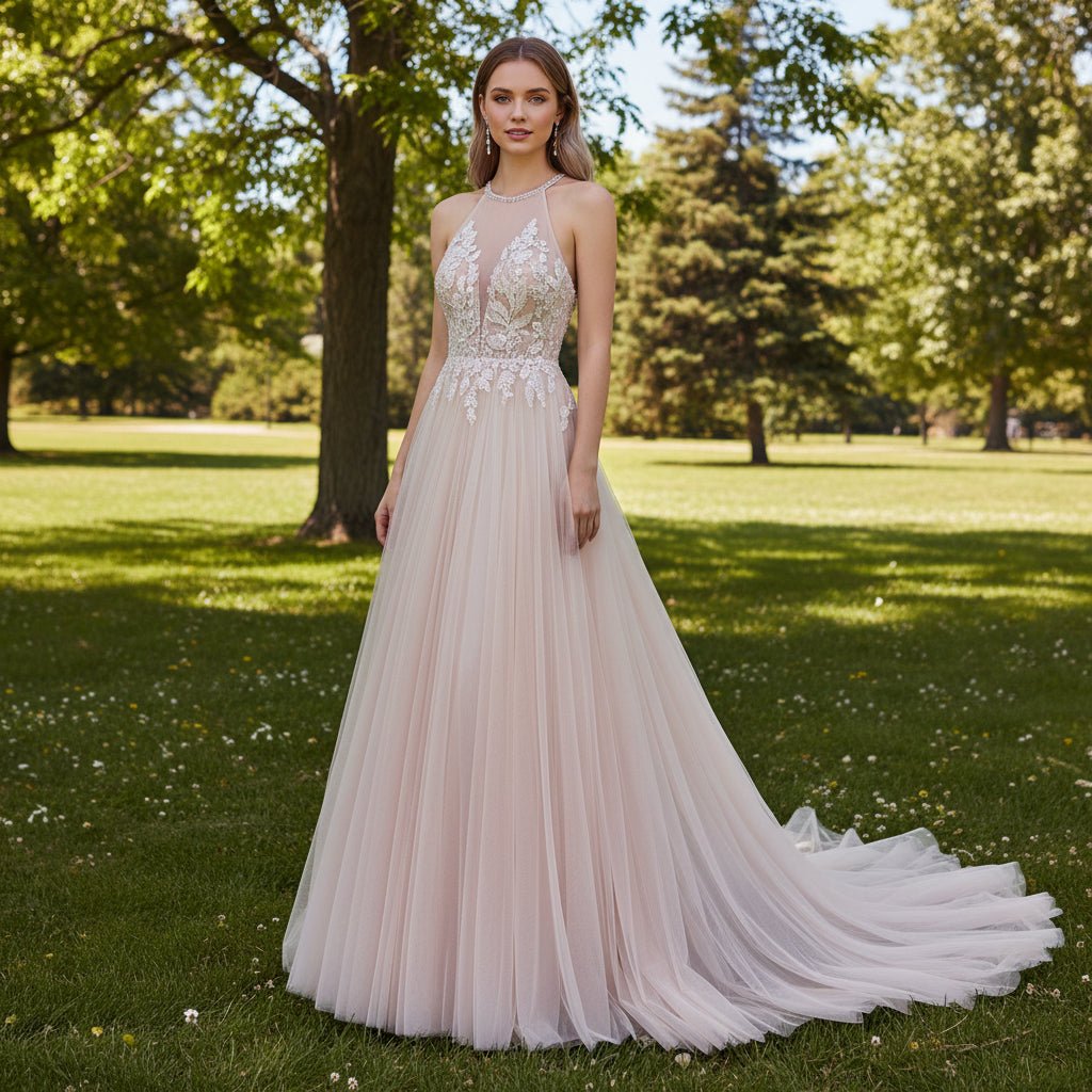 Halter Neck Boho A-Line Blush Pink Tulle Wedding Dress Blush / 18