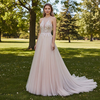 Halter Neck Boho A-Line Blush Pink Tulle Wedding Dress - Rosymae