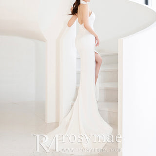 Sexy Halter Open Backless Wedding Dress Bridal Gown with Leg Slit