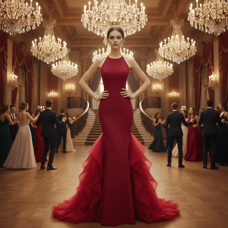 Halter Neck Mermaid Evening Gown with Open Back & Cascading Ruffle Tulle Train
