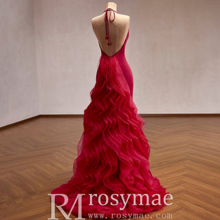 Halter Neck Mermaid Evening Gown with Open Back & Cascading Ruffle Tulle Train
