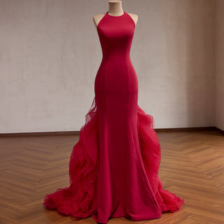 Halter Neck Mermaid Evening Gown with Open Back & Cascading Ruffle Tulle Train