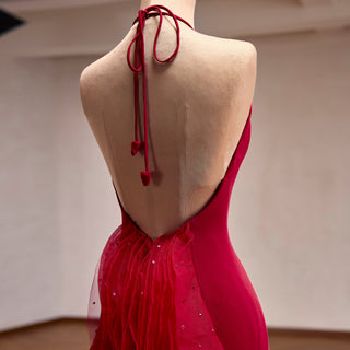 Halter Neck Mermaid Evening Gown with Open Back & Cascading Ruffle Tulle Train