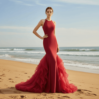 Halter Neck Mermaid Evening Gown with Open Back & Cascading Ruffle Tulle Train