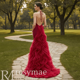 Halter Neck Mermaid Evening Gown with Open Back & Cascading Ruffle Tulle Train
